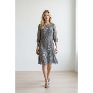 Hekka Grey Silver Embroidered Mesh Sheath Dress NWT Size L 3/4 Sleeve Midi